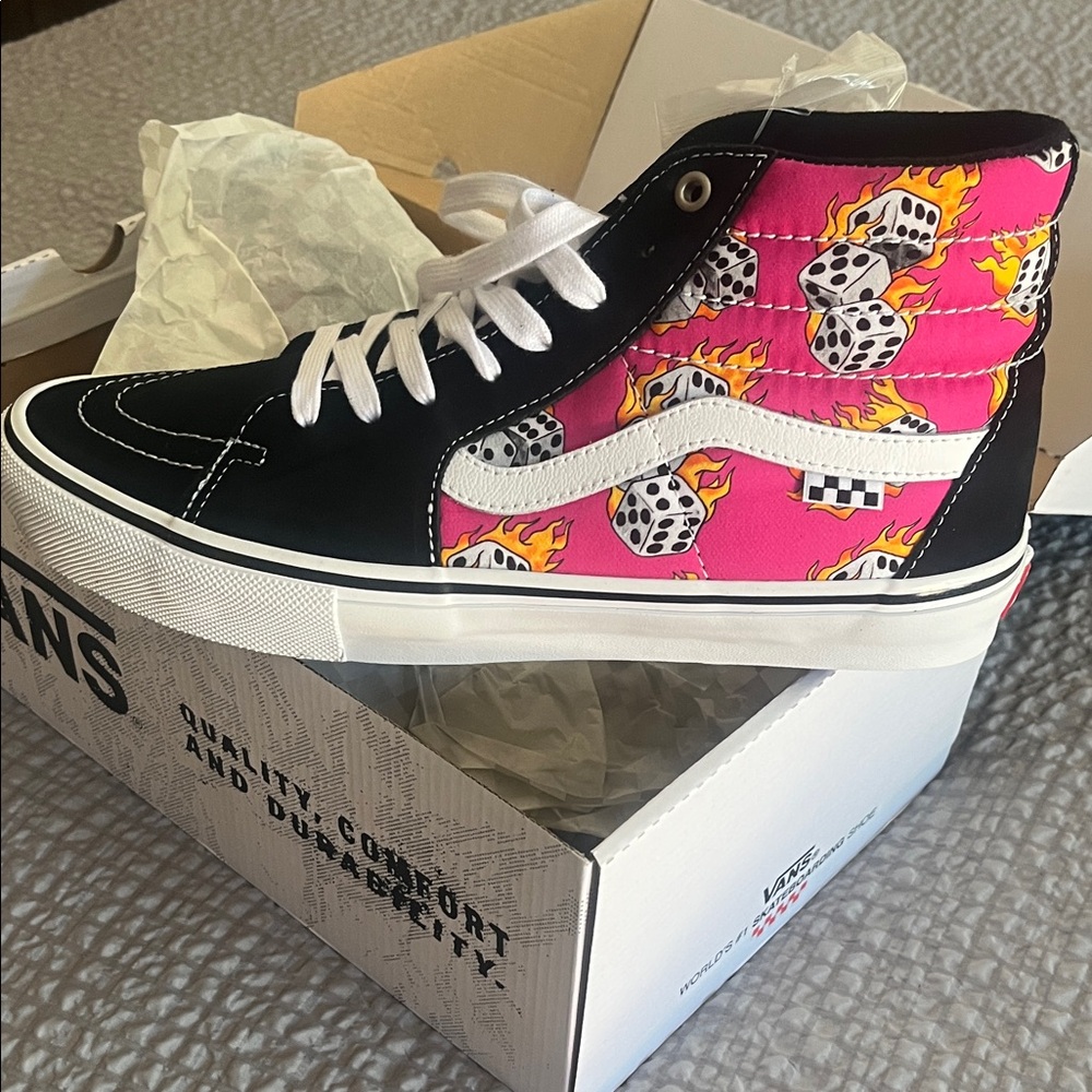 Vans Men’s High-Top Sneakers - Black and Pink Flames